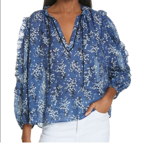 Ulla Johnson Manet Blue, White Silk Floral Ruffle Blouse Size 4 - Picture 2 of 12